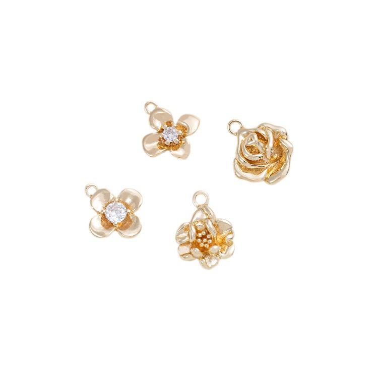 14K Gold-Filled Four-Leaf Clover Rose Pendant Charm for DIY Jewelry