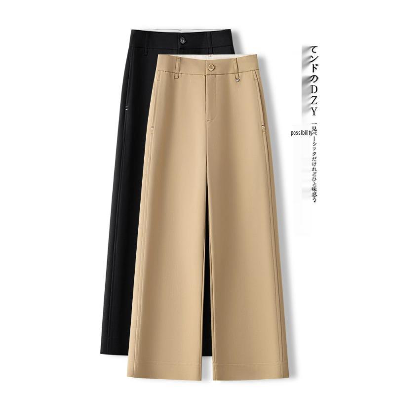 Khaki Women's Wide-Leg Pants – Spring/Autumn 2025: Draped, Nine-Point, Casual Straight-Leg Fit.
