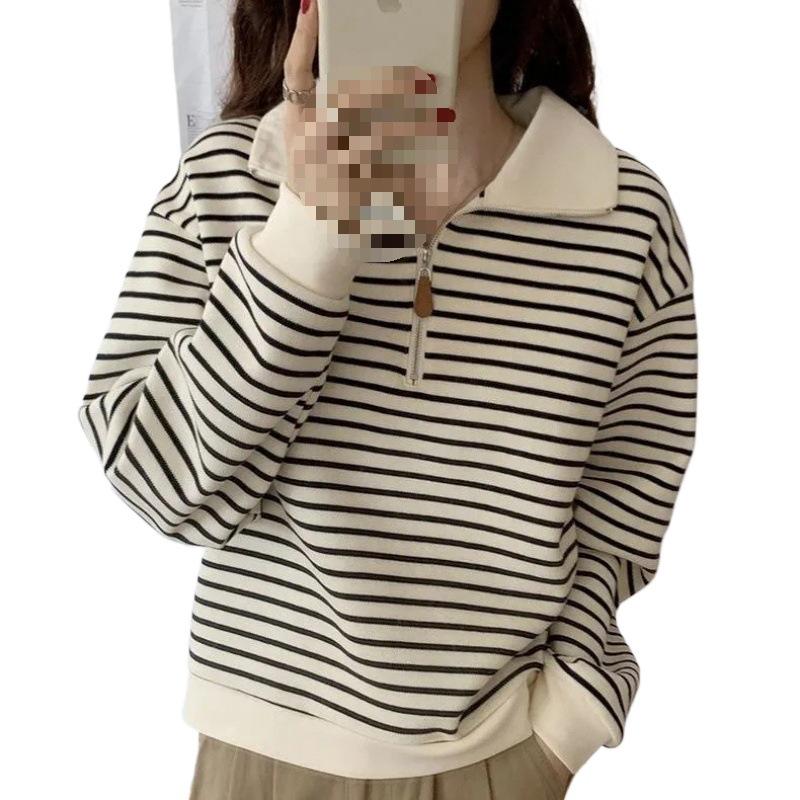 Damen Petites Gestreifte Kapuzenjacke mit Revers, Aprikot, Herbst 2024 Langarm Pullover