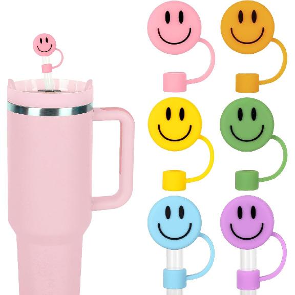 Whaline 6Pcs Smile Face Straw Covers Pink Green Silicone Reble Round Straw Topper Gradient Color Double Sided Pattern Straws Tips Covers 10mm 0.4