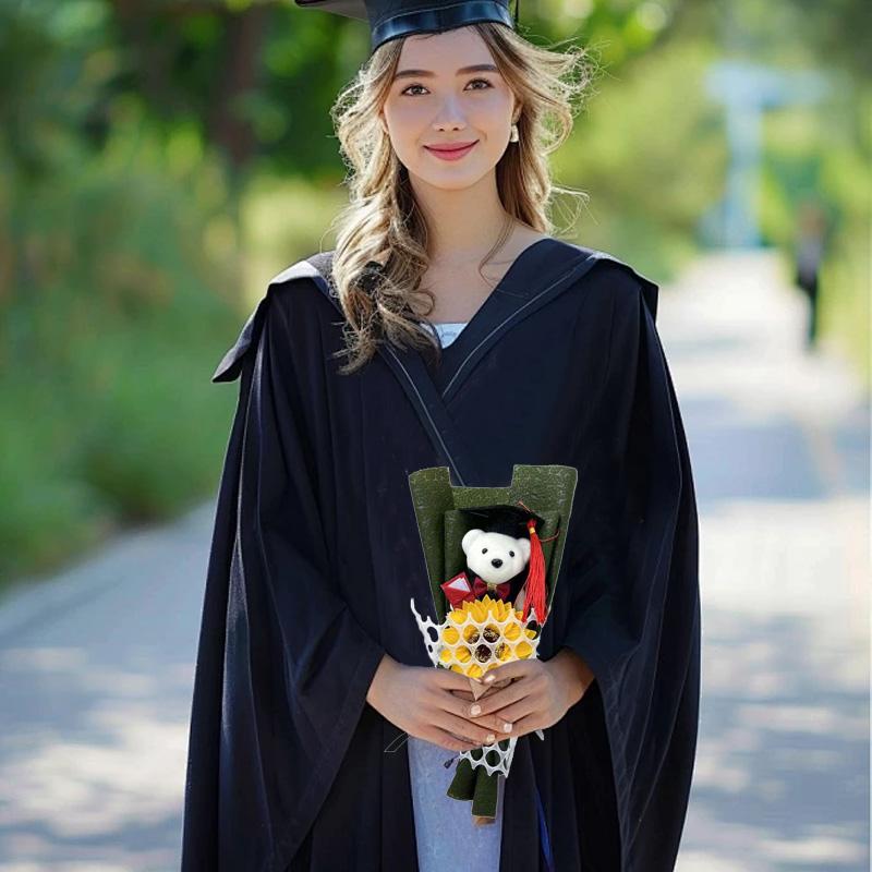 1Pc Graduation Bouquet Student Gift Crochet Flower Mini Party Decor DIY Little Bear Plush Toy Sunflower