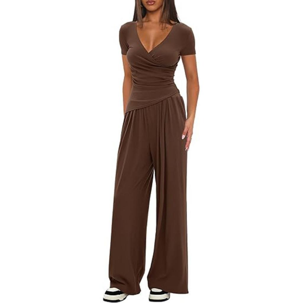 Solid Color 2 Pieces Casual Outfit Set, V Neck Long Sleeve Top + Wide Leg Pants, Knit Relaxed Matching Sports Loungewear Suit for Women