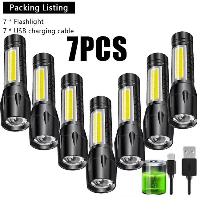 Powerful Mini Portable LED Flashlight USB Rechargeable Flashlight Zoom Torch Side COB Floodlight Outdoor Camping Emergency Lamp