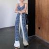 Floral V-neck French Suspender Dress Women's Summer Sweet Babes Skirt Blue Retro Temperament Split-ended Long Dress