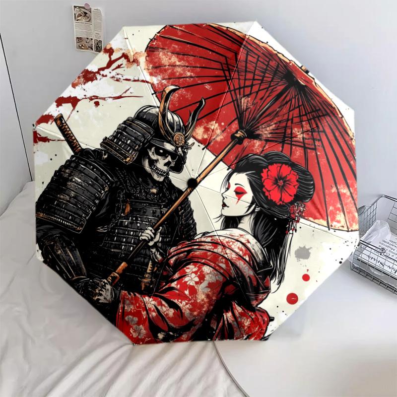 Beauty and Samurai  Pattern, Automatic Folding Umbrella, Portable and Foldable Design, 8 Ribs, a Christmas or Birthday Gift.