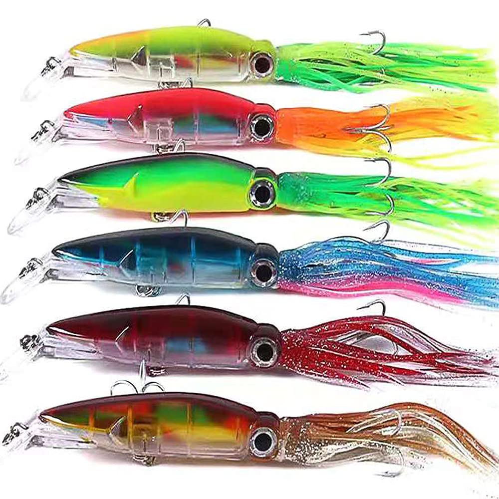 And Fishing Lure Hard Rod with Triple Floating Octopus Fishing Artificial Bait for Saltwater Marlin, Squid, Tuna, 6-color Set, 14cm, 40g, Hooks, Bait,