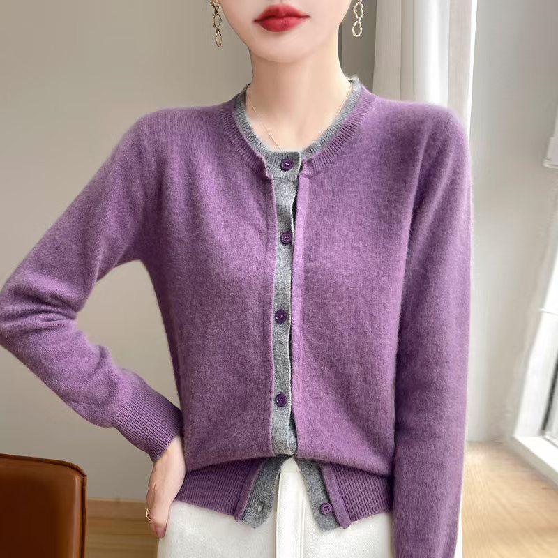 2024 A/W Women's Faux Two-Piece Wool Knit Patchwork Cardigan - Color Block, Loose Fit, Short Stylish Sweater Jacket