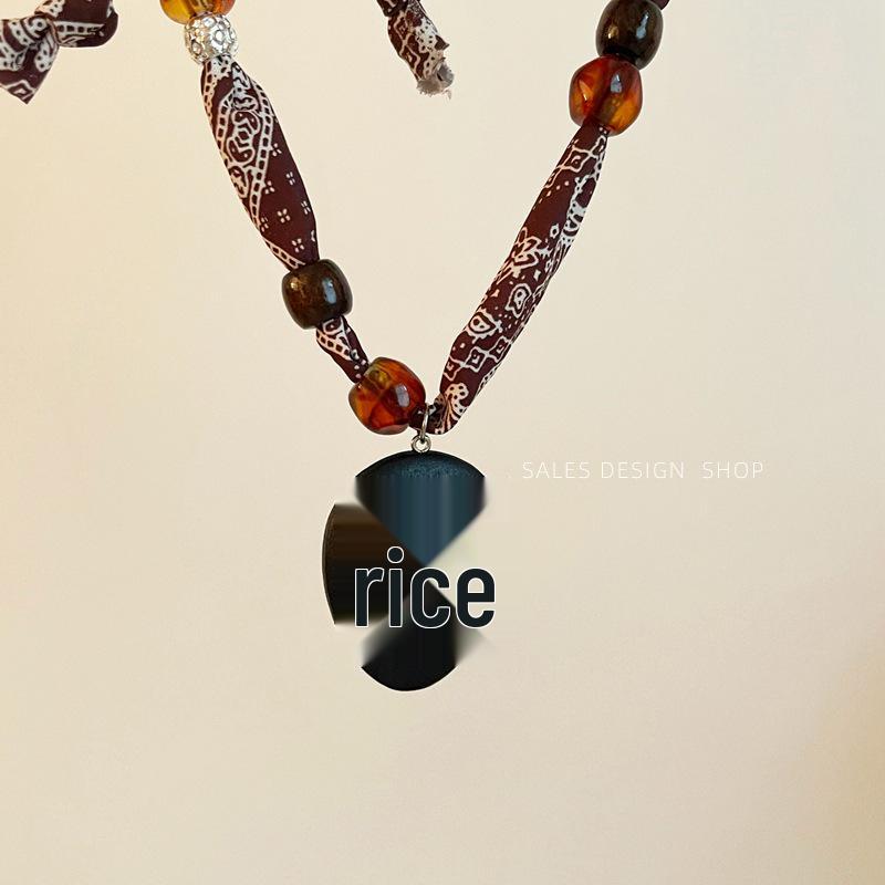 Retro Paisley Leopard Print Silk Scarf Necklace with Beaded Pendant - Women's Versatile Long Sweater Chain for Autumn & Winter.