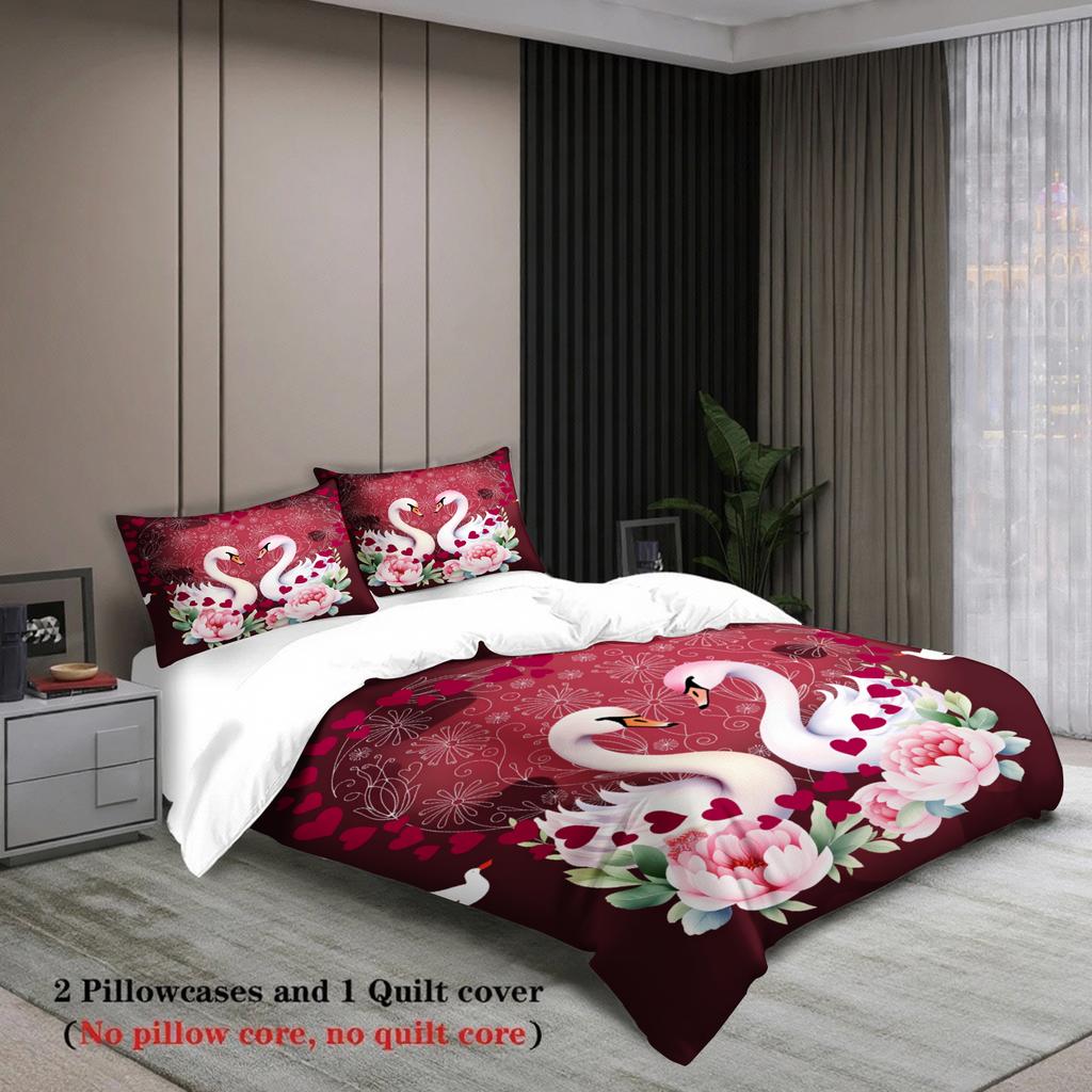 3pcs Swan Couple Bedding Sets 3D Printed Red Flora King Full Size For Couples Gifts Duvet Cover With 2 Pillowcases For Bedroom