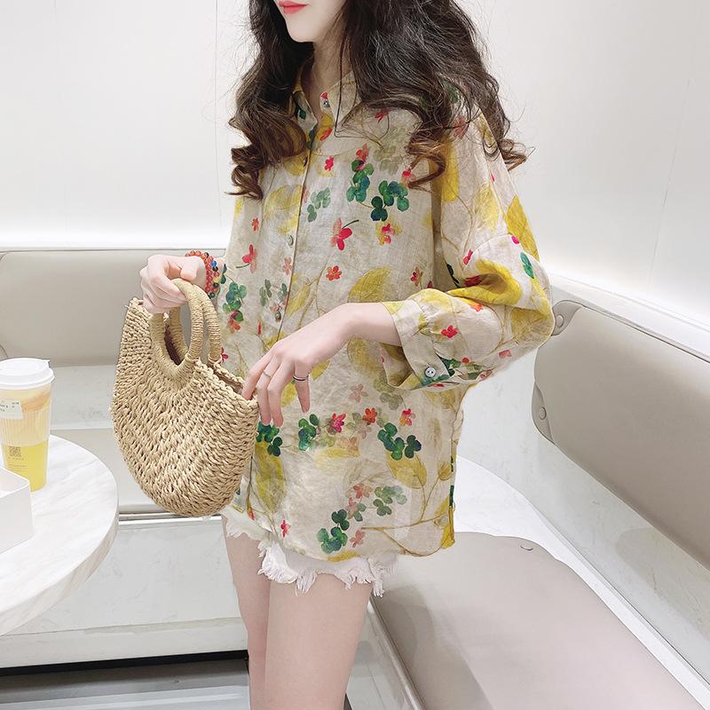 Women's Floral Shirt Long Sleeved Shirt Top Korean Version Loose Bat Sleeve A-line Floral Shirt