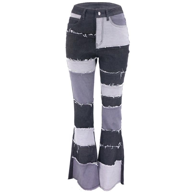 2025 Autumn Color Block Patchwork High Waist Flared Women's Denim Pants