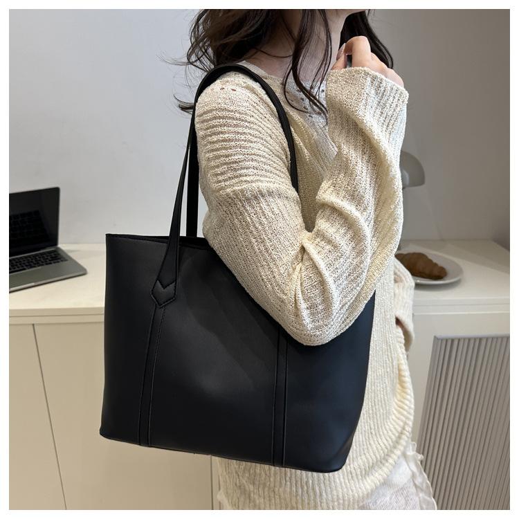Korean Version Large Capacity Solid Color Faux Leather Tote Bag Fashion Vintage Commute Simple Shoulder Bag