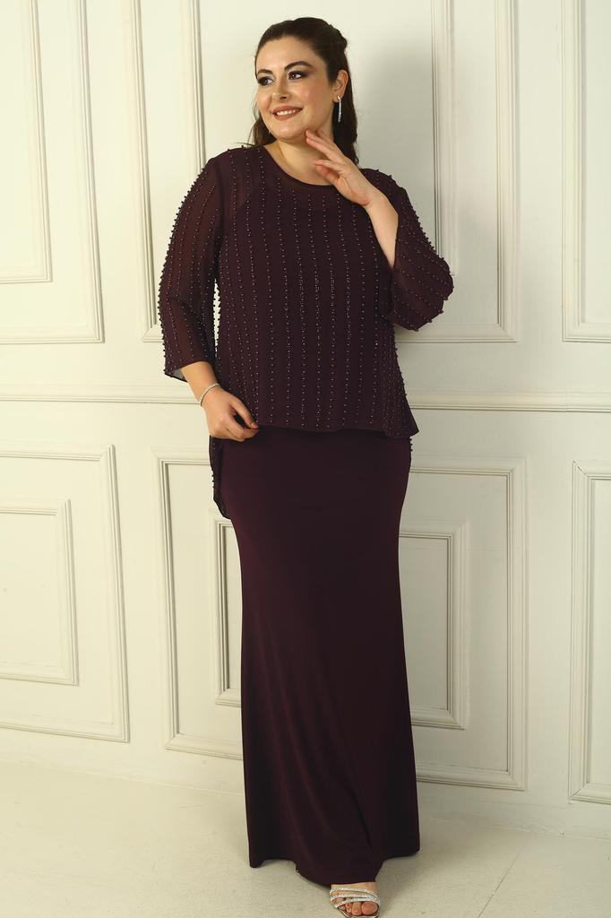 Lined Long Sandy Dress with Rope Straps and Back Buttoned Beaded Chiffon Blouse Plus Size 2-Piece Set