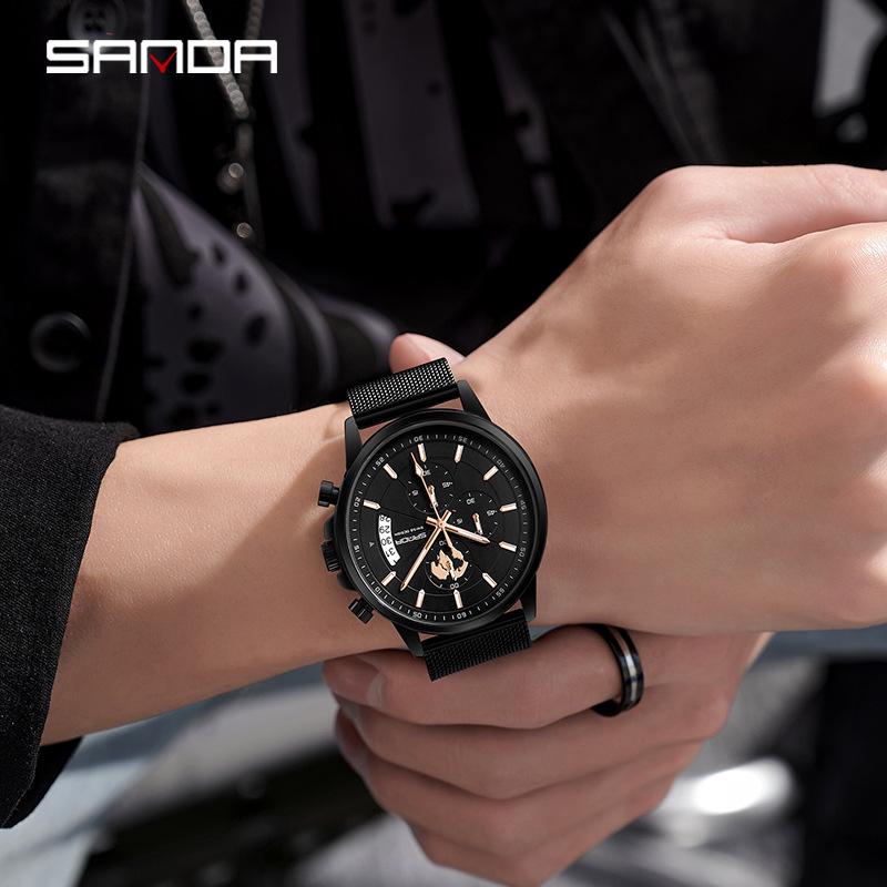 Sanda Men's Luminous Waterproof Quartz Watch with Three Subdials, Six Hands, and Calendar
