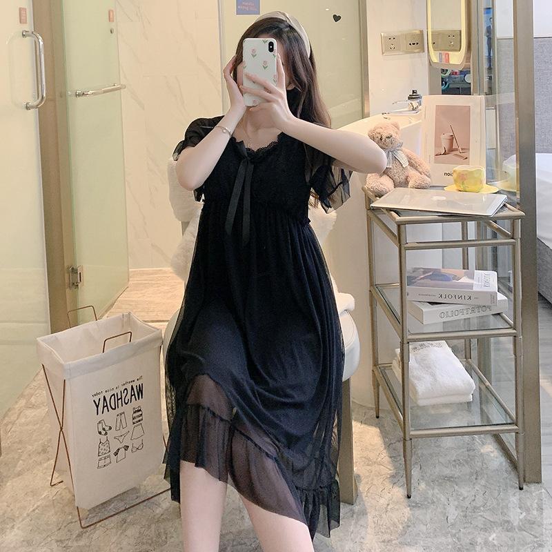 Summer Sweet And Generous Princess Style Medium And Long Nightdress Mesh Comfortable Soft Women'S Pajamas Loungewear