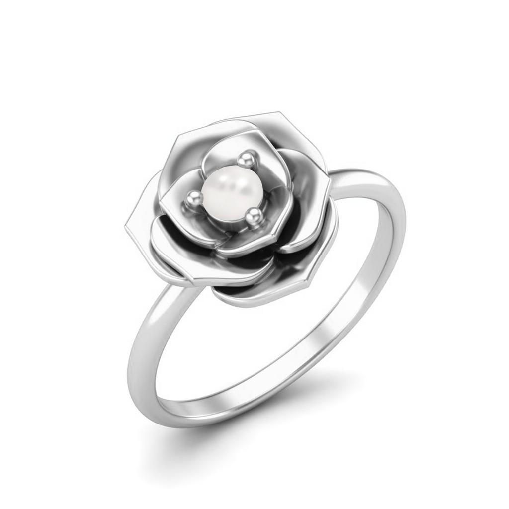 925 Sterling Silver 3 MM Round Pearl Blossom Rose Flower Women Wedding Ring