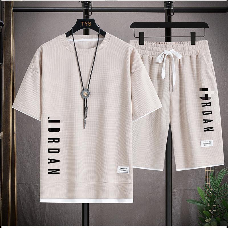 Men's Waffle Knit Short-Sleeve T-Shirt & Shorts Set, Casual Summer Sportswear