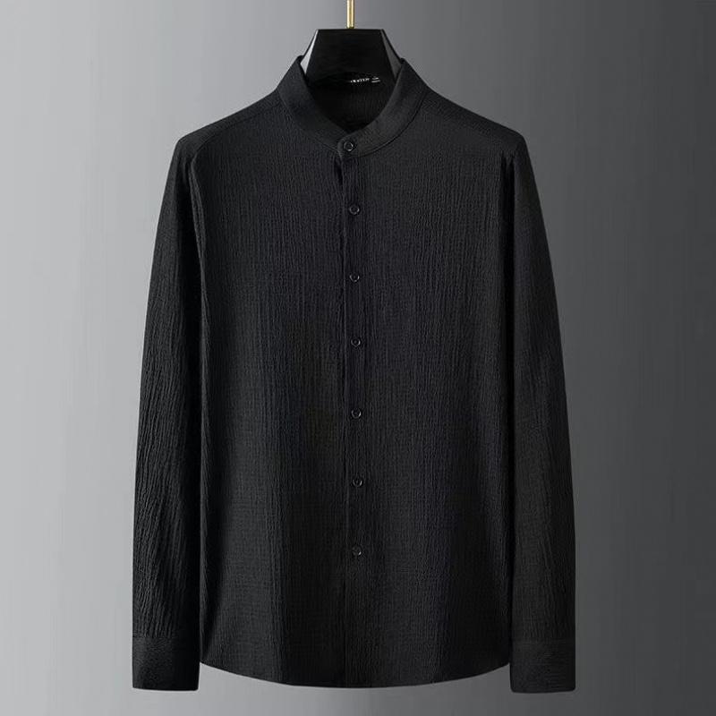 Casual Lightweight Suit For Men Spring/Summer New Bubble Gauze Striped Pleated Stand-Up Collar Men'S Shirt