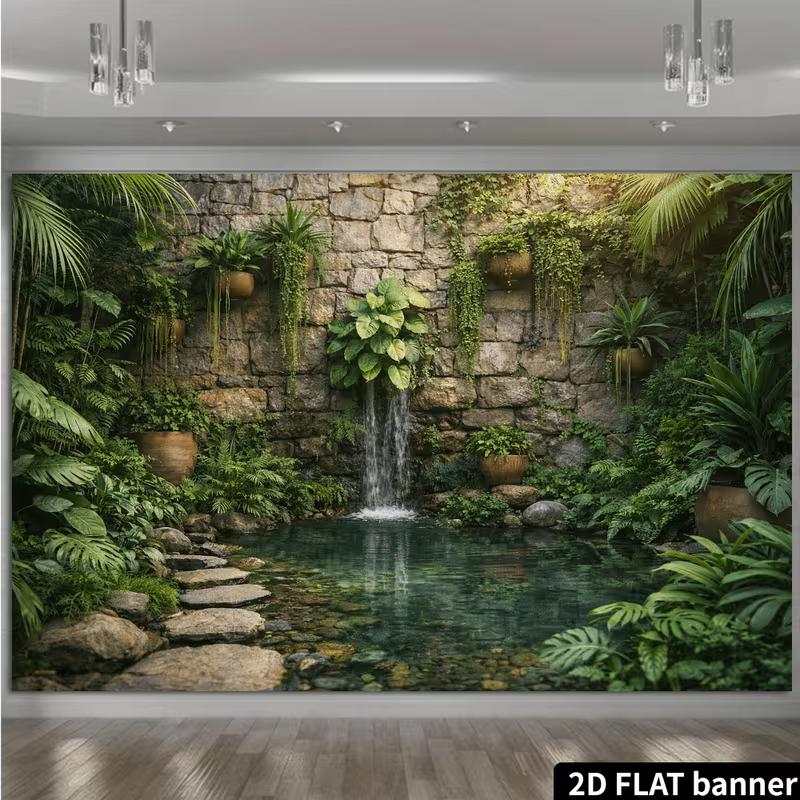 2D Tropical Courtyard Waterfall Backdrop for Nature, Outdoor & Greenery Photography