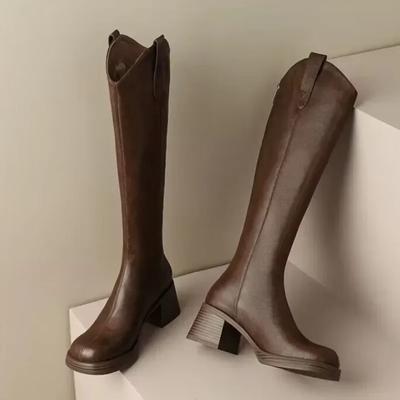 Retro Bruine knielange rijlaarzen dames afgerond zacht leer dikke hakken hoge hakken rijlaarzen