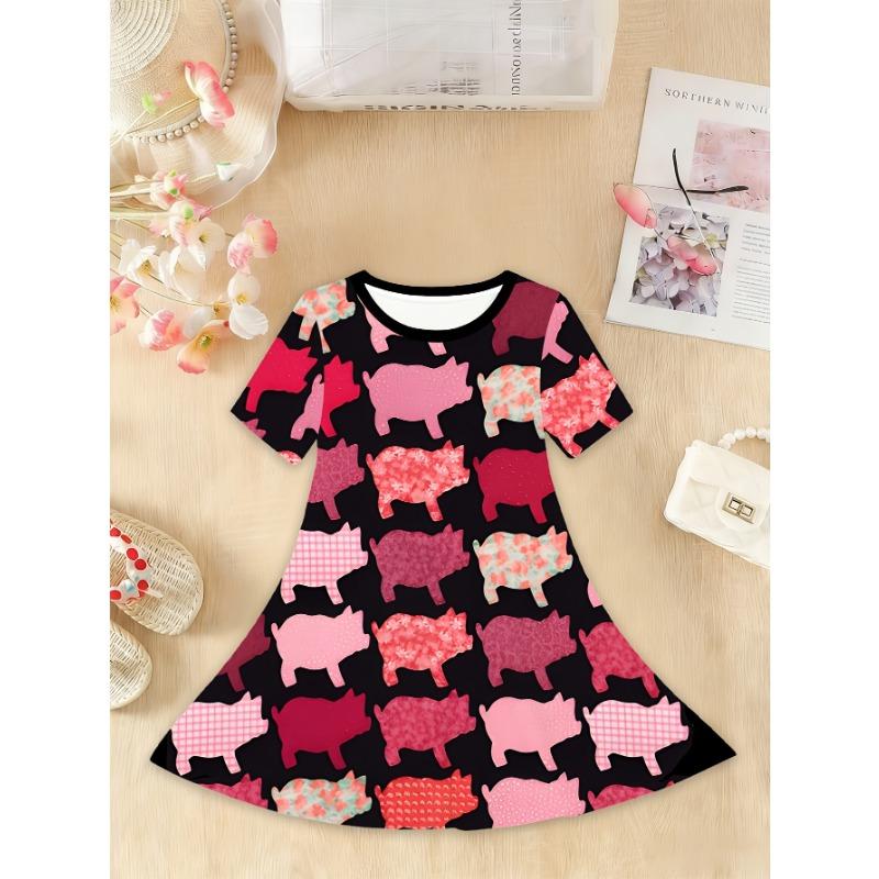 

Flower Festival Party Cute Cat Floral Pattern Casual Short Sleeve Dress for Girls, Spring Summer Holiday Gift Party Clothing 110