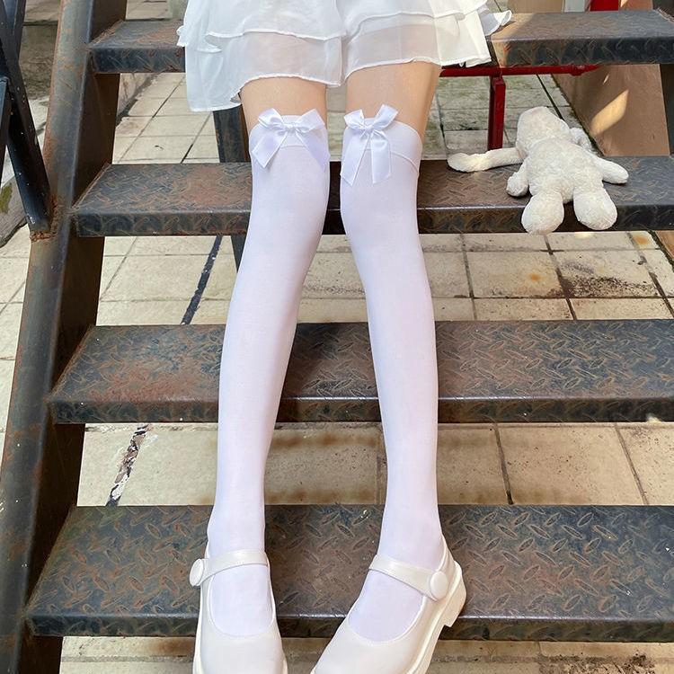 White Silk Bow Stockings For Women Japanese JK Over-the-knee Stockings Sexy Lace High Thigh Fishnet Stockings