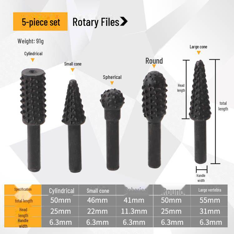 

Набор из 5 вращающихся напильников и шлифовальных головок для резьбы по дереву