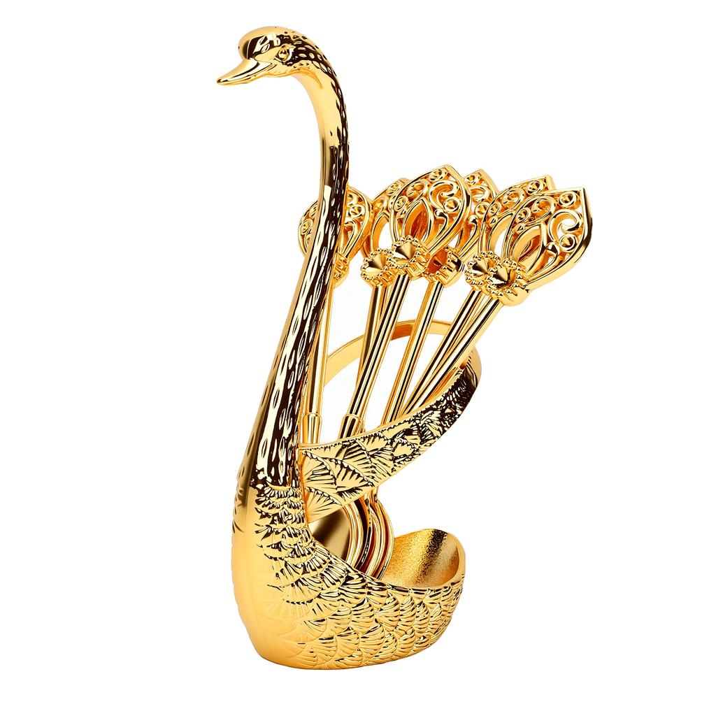 Coffee Spoon Holder Set Metal 6pcs Dessert Spoons and Swan Base Holder for Kitchen Coffee Station Bar Party Tabletop