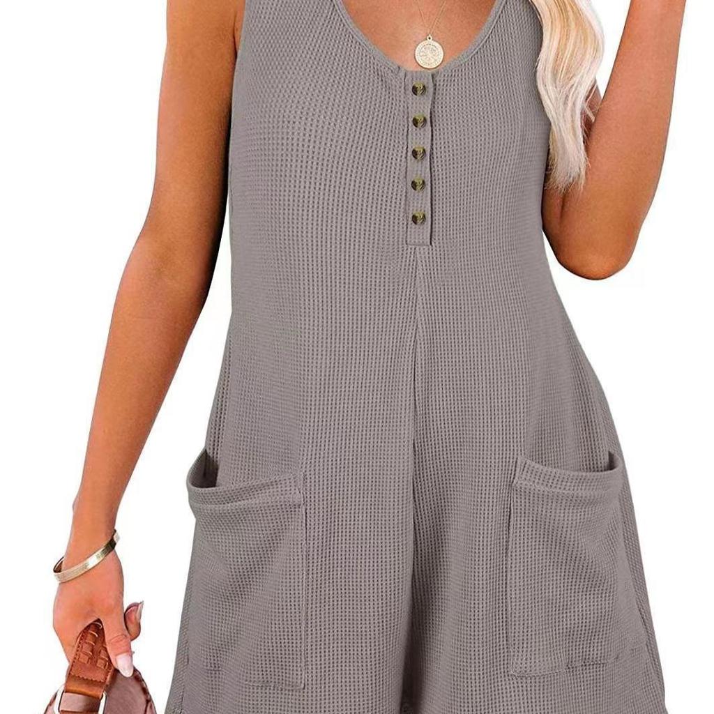 Button-down Front with Pocket Jumpsuit, Summer Casual Solid-color Sleeveless Jumpsuit