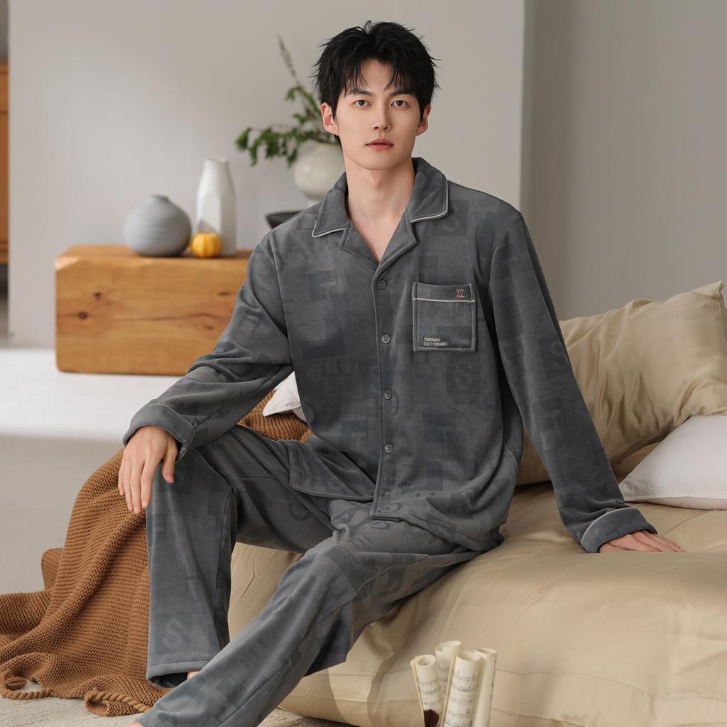 Island fleece pajamas men's autumn and winter cardigan high-end men's casual coral fleece warm loungewear winter suit