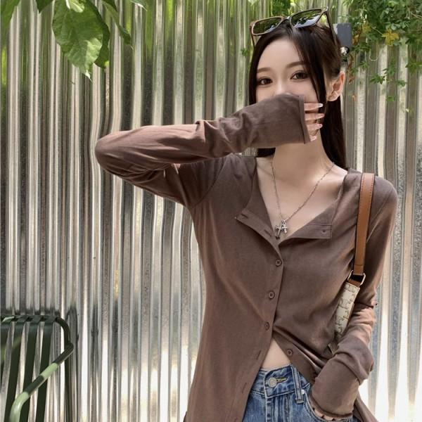 Women's V Neck Long Sleeve Button Down Shirt Slim Fit Korean Style Solid Color Sun Protection Cardigan Casual Top