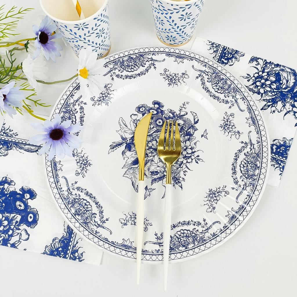 In-Stock Blue & White Chinese Porcelain-Style Disposable Paper Plates for Retro Party or Wedding