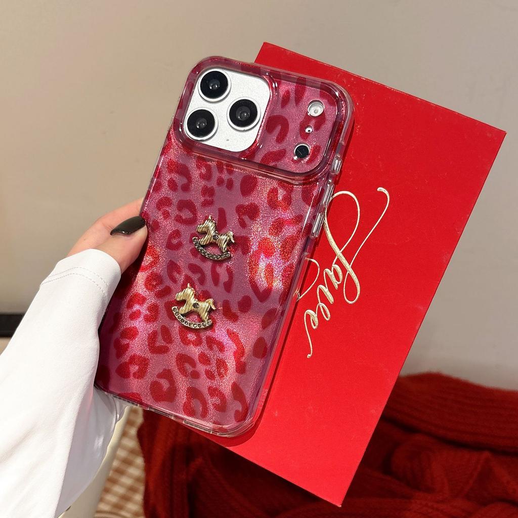Large window double-layer imd red leopard print for iPhone17proamx mobile phone case Apple personalized protective case