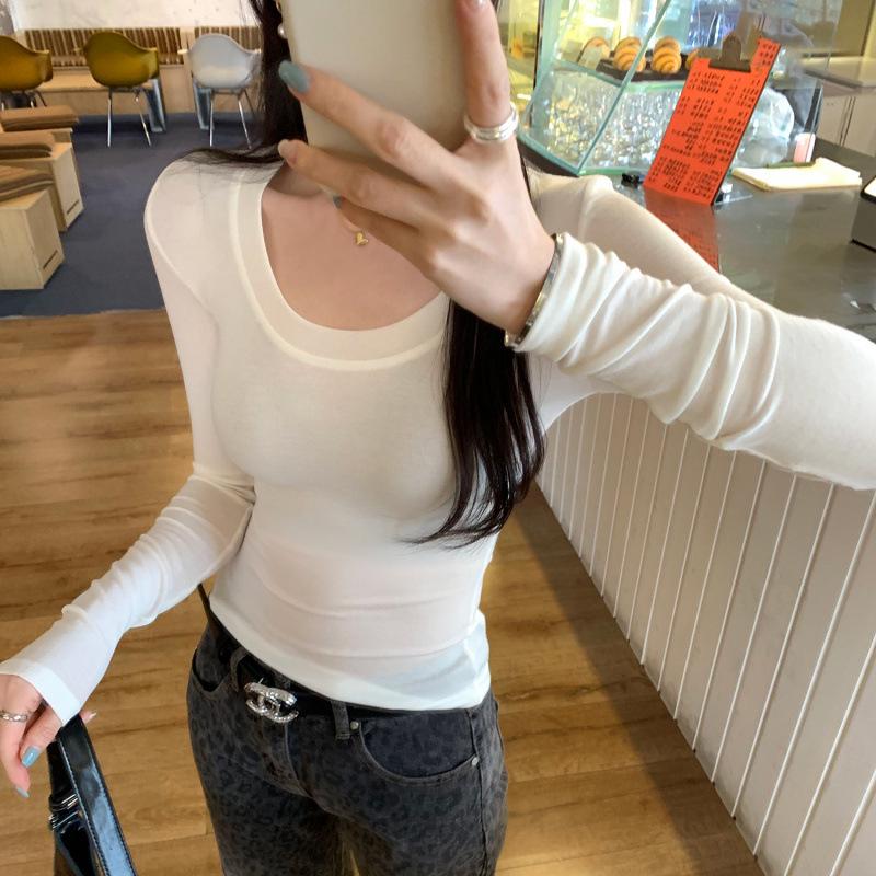 Elegant French Style Long-Sleeve Women's Slim Fit Top - 2026 Autumn/Winter Round Neck Base Layer