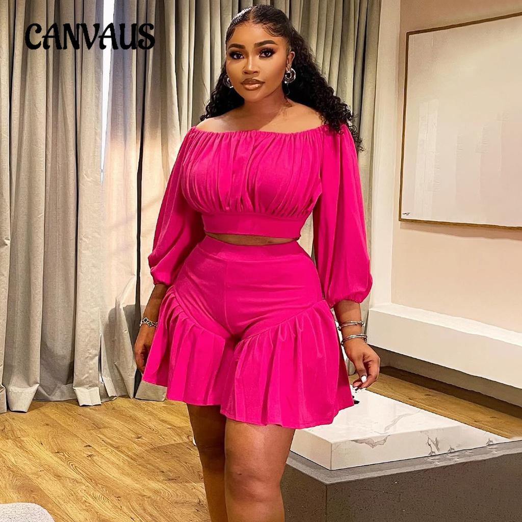 Plus Size Women's New Line Neck Fluffy Waist Casual Two Piece Suit