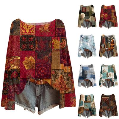 Damski lekki sweter casual z długim rękawem dzianinowy vintage z kwiatowym nadrukiem pulower