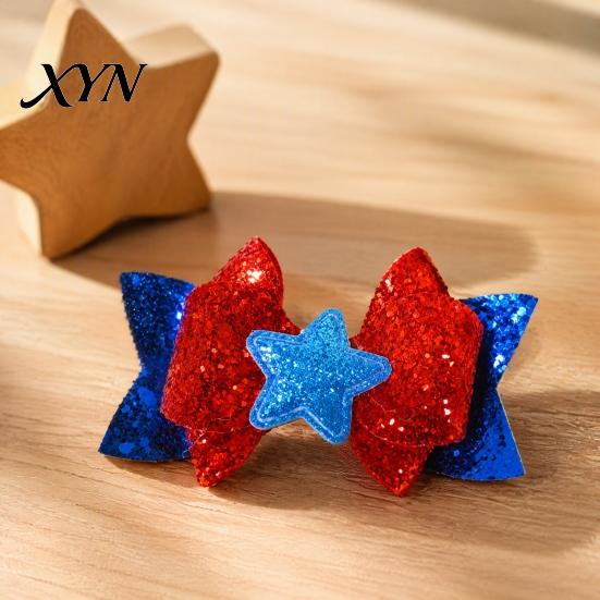 Red And Blue Hair Bows Independence Day Bow Clip for Girls, White Glitter Hairpin, Double Layer Decorative Barrettes with Sequins Star, Fashion