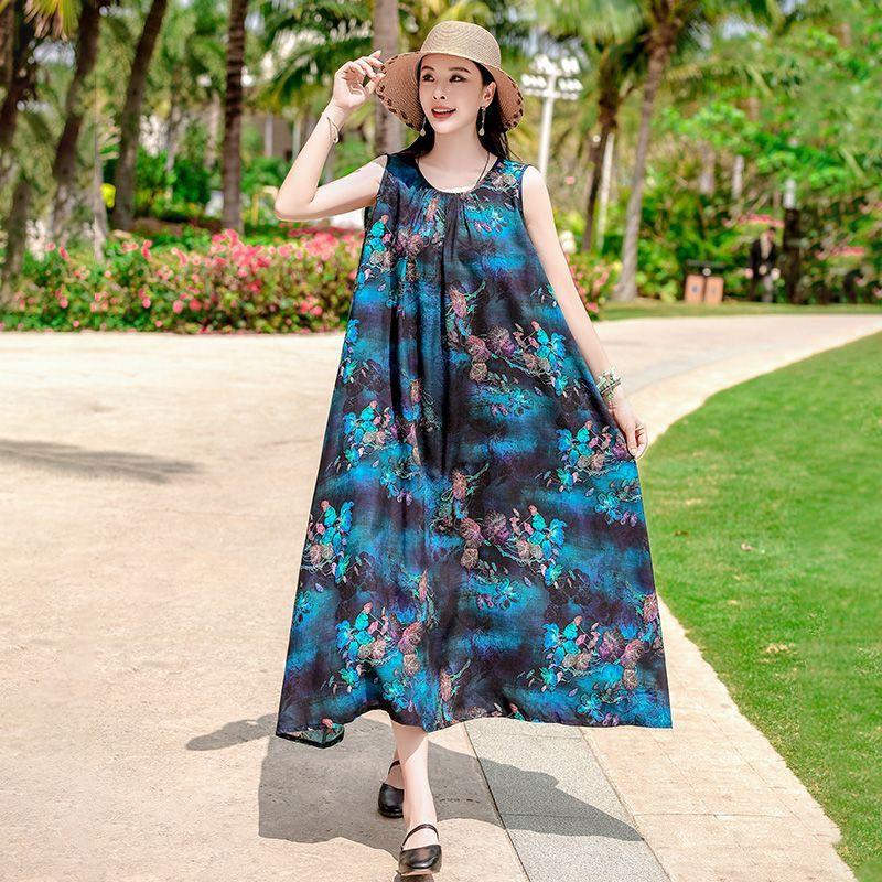 Sleeveless Cotton Dress Summer Loose Plus Size Slimming Vest Vacation Long Dress Elegant Beach