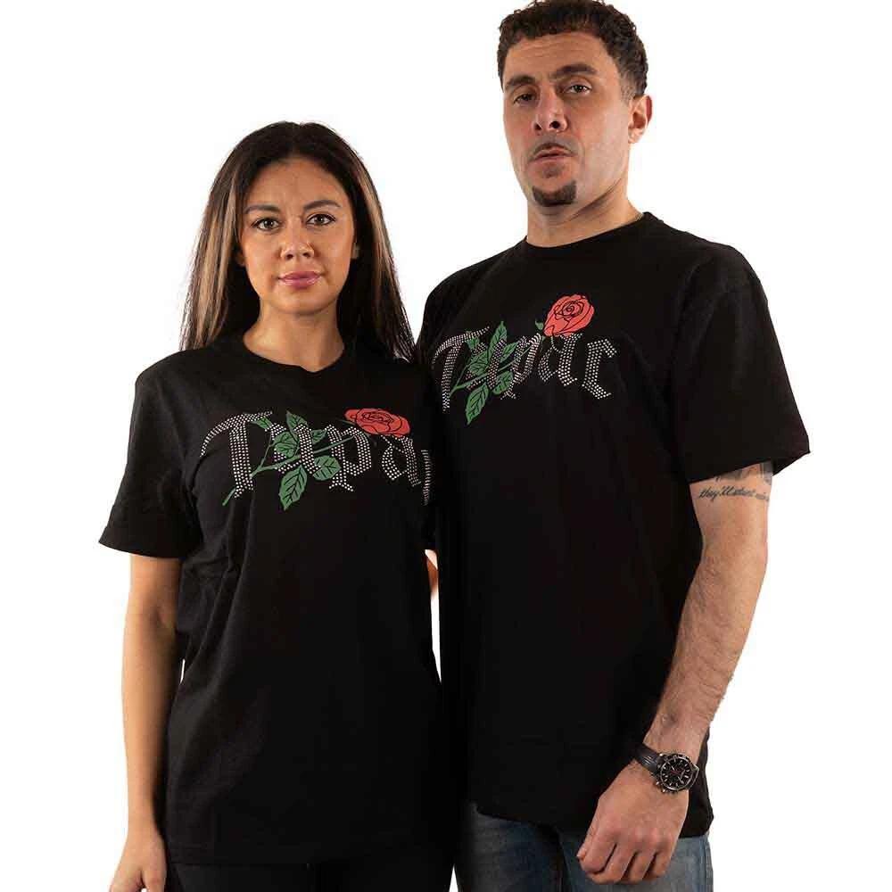 Tupac Unisex Embellished T-Shirt: Rose Logo (Diamante) (X-Large) L