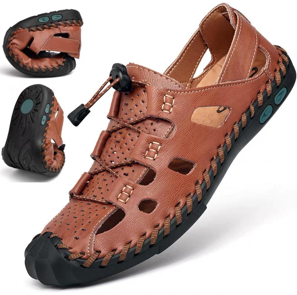 Atmungsaktive Sommer-Strandsandalen 2024 aus echtem Leder für Herren – weiche Sohle, hohles Design.
