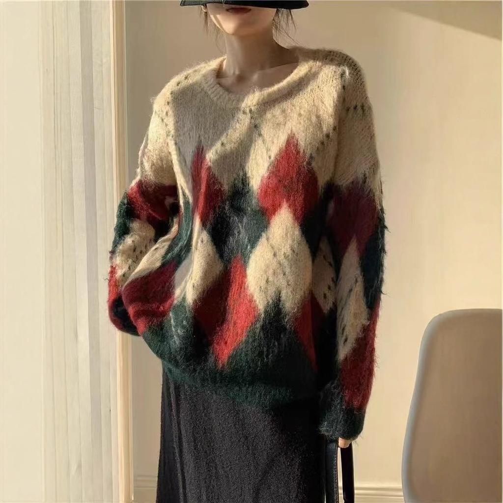 Autumn and winter new rhombus pullover women's loose versatile crew neck wool knitted sweater top