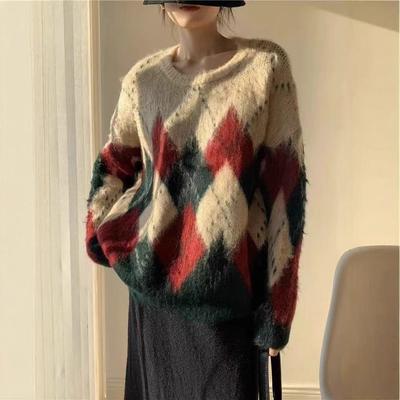 Autumn and Winter New Rhombus Pullover Women's Loose Versatile Crew Neck Wool Knitted Sweater Top