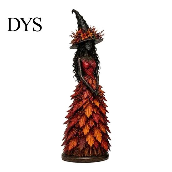 Spooky Halloween Party Decoration Autumn Witch Figurine, Fall Tabletop Statue with Leaf Harvest Home Decor Gown, Seasonal Resin for Mantel Shelf