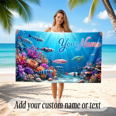 Fish Ocean Theme Beach Towel Personalized Custom Name & Text Soft Quick Dry Beach Towel for Swimming Travel