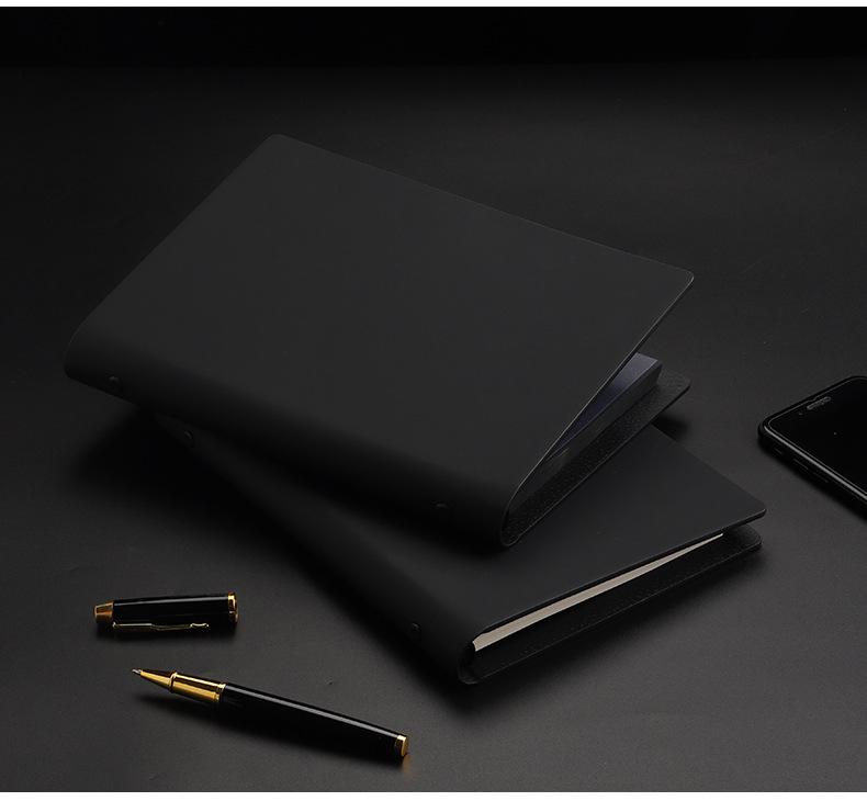 Minimalist Black A5 PU Leather Loose-Leaf Notebook with Black Card Paper Inner Pages