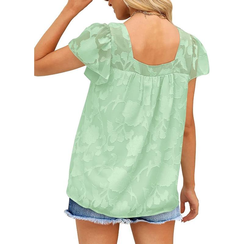 Summer Women T-shirt Square Neck Lace Hollow Out Casual Loose Short Sleeve Chiffon Shirt