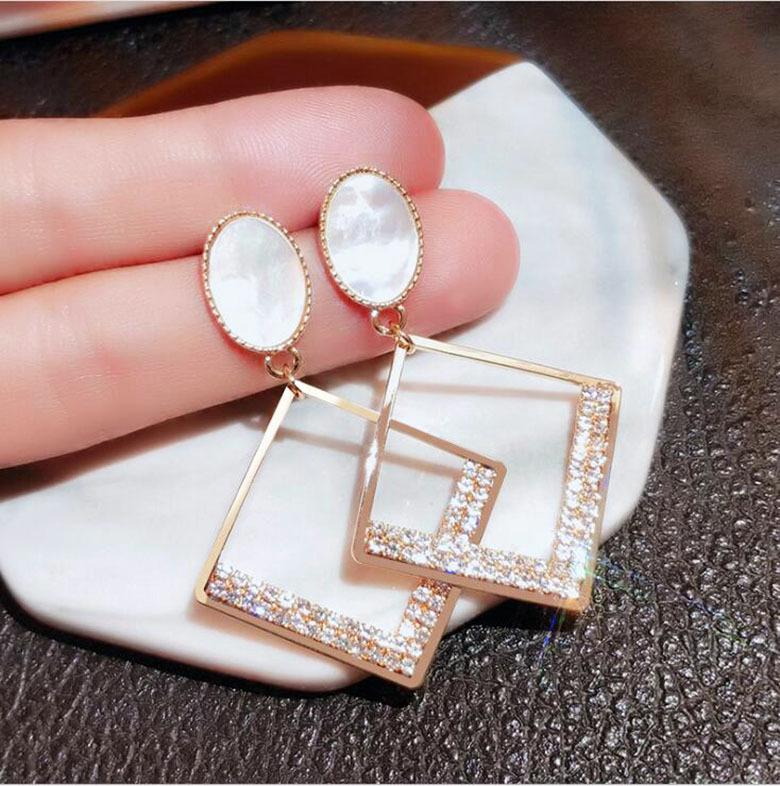 Korean Fashion Hollow Gold Color Square Rhinestone Border Dangle Earrings for Women Party Daily Wear Geometric Statement Jewelry