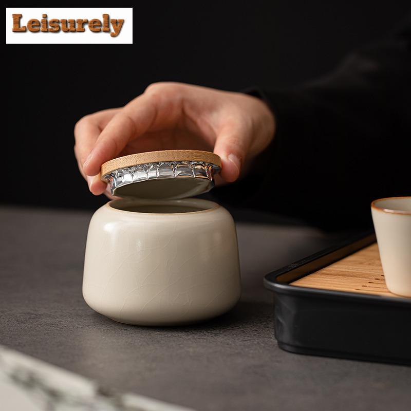 Cream Ru Kiln Porcelain Tea Box Organizer Moisture-proof Luxury Storage Tank Containers Tea Caddy Chinese Tea Set Decoration