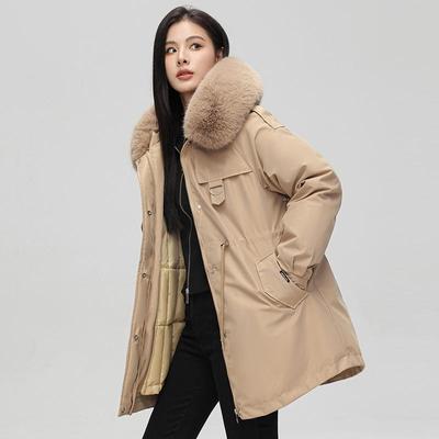 Autumn Winter Thicken Warm Detachable Parka Women Casual Fur Collar Solid Color Big Pocket Loose Hooded Coat Jackets Three-way Wear Outwear