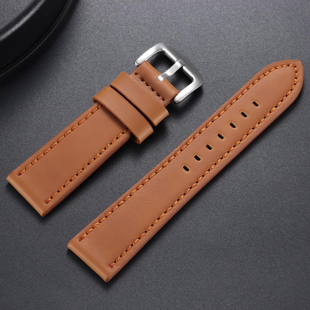 18mm 20mm 22mm 24mm Stitching Sports Watch Band Brown Genuine Leather Watch Strap Men's Steel Clasp Bracelet Universal Wristband
